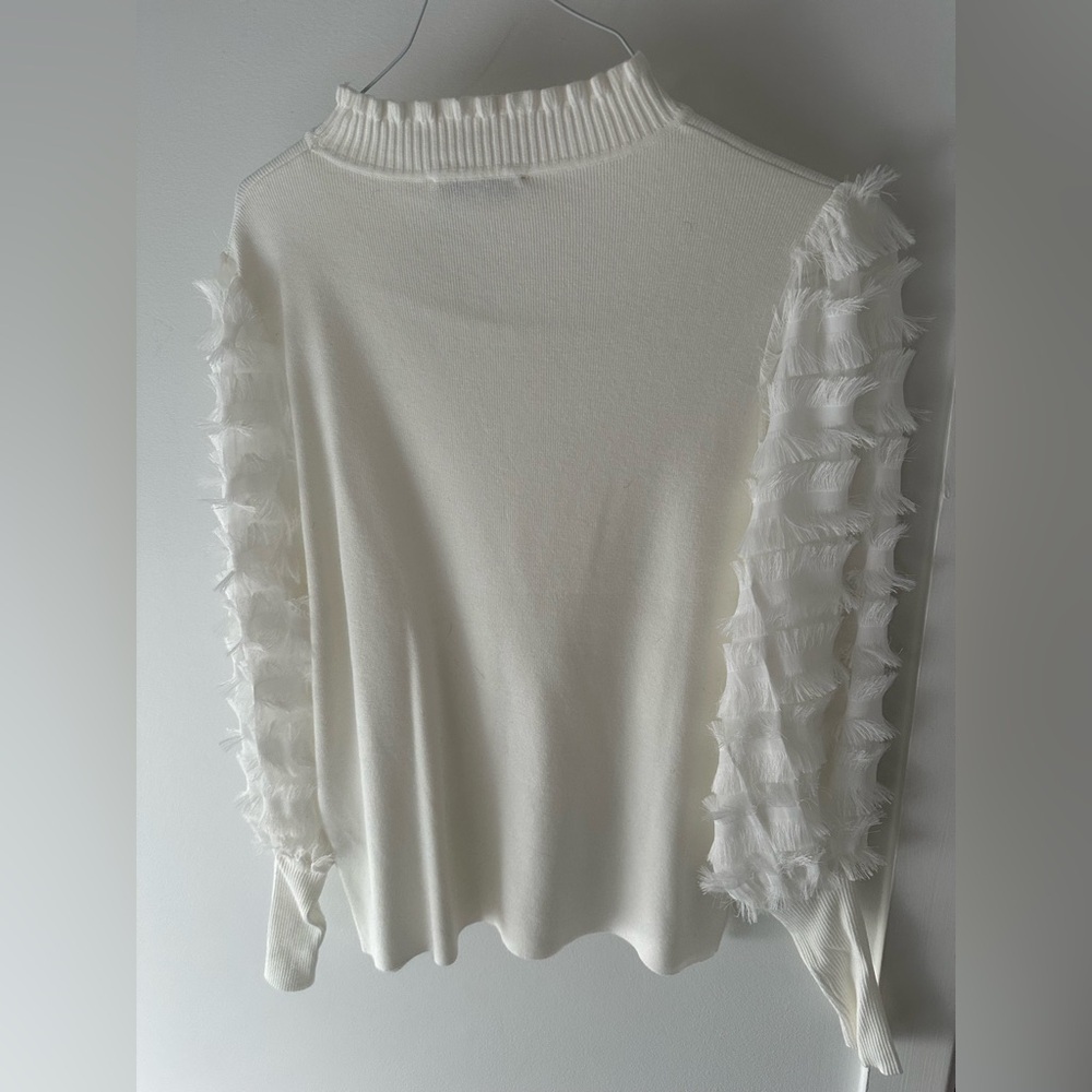 NWT White Sioni Fringe Trim Statement Sleeves Sweater Blouse - Picture 4 of 9